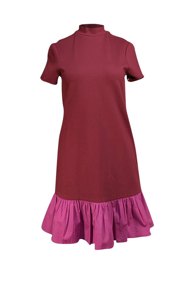 Staud - Wine Red Short Sleeve "Diam" Dress w/ Magenta Hem Sz S