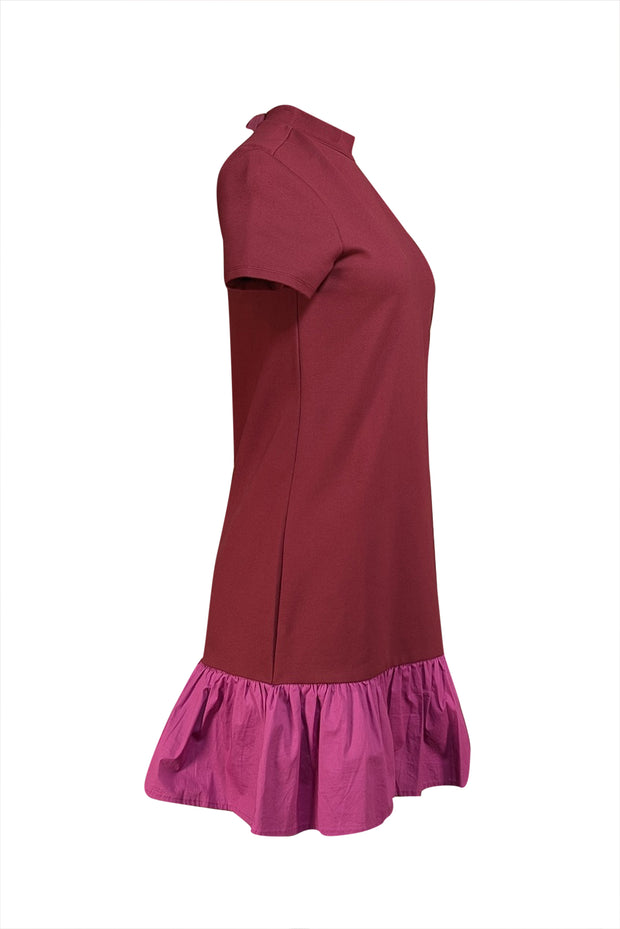 Staud - Wine Red Short Sleeve "Diam" Dress w/ Magenta Hem Sz S