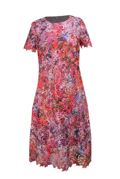 Elie Tahari - Pink, Purple, Red, & Silver Lace Short Sleeve Dress Sz 0