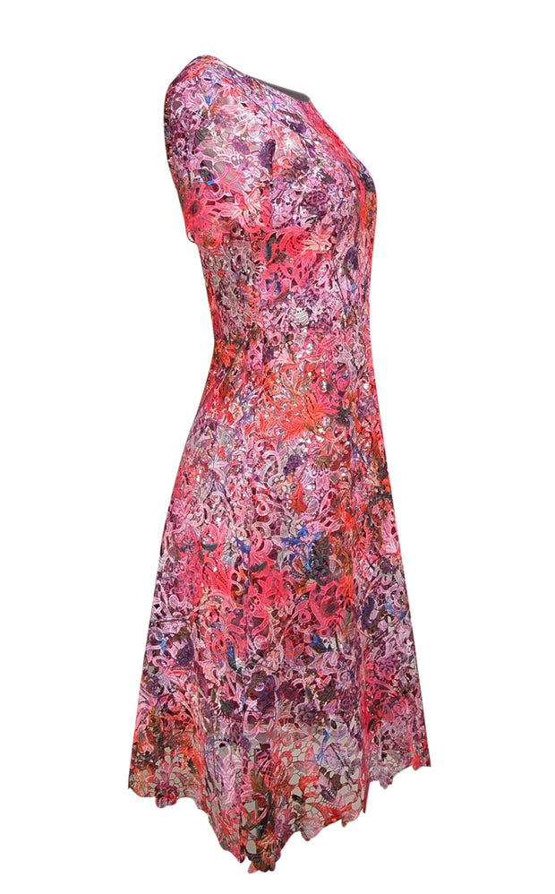 Elie Tahari - Pink, Purple, Red, & Silver Lace Short Sleeve Dress Sz 0