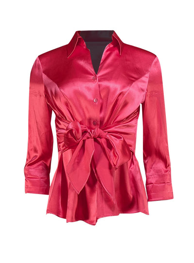 Lafayette 148 - Hot Pink Silk Tie Waist Button Down Shirt Sz 6 - Current Boutique