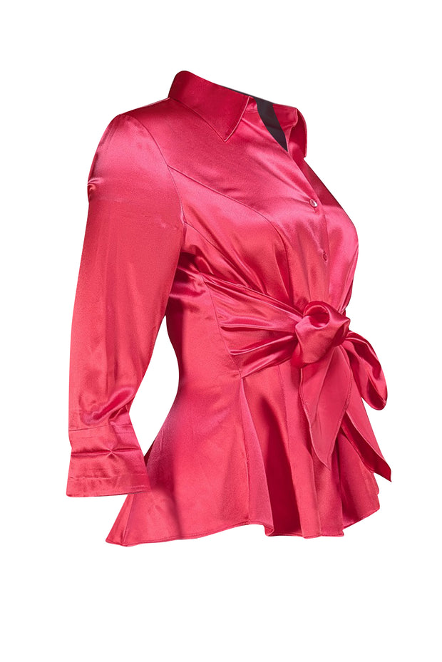 Lafayette 148 - Hot Pink Silk Tie Waist Button Down Shirt Sz 6 - Current Boutique