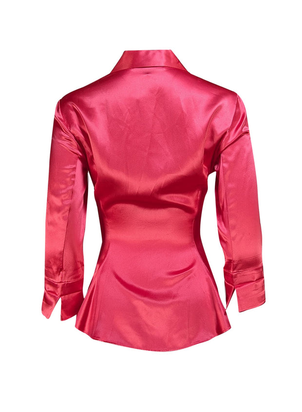 Lafayette 148 - Hot Pink Silk Tie Waist Button Down Shirt Sz 6 - Current Boutique