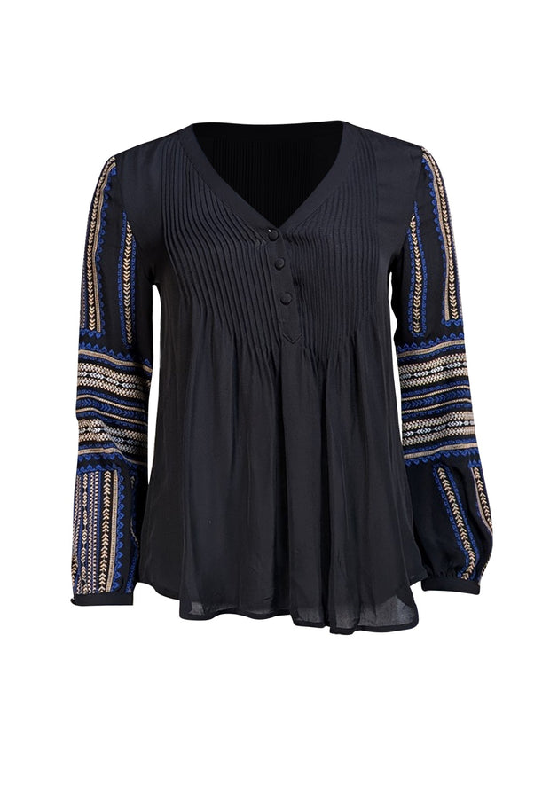 Veronica Beard - Black Plisse Blouse w/ Embroidered Sleeves Sz 0
