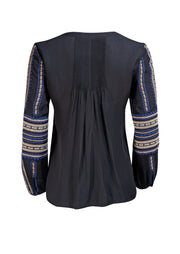Veronica Beard - Black Plisse Blouse w/ Embroidered Sleeves Sz 0