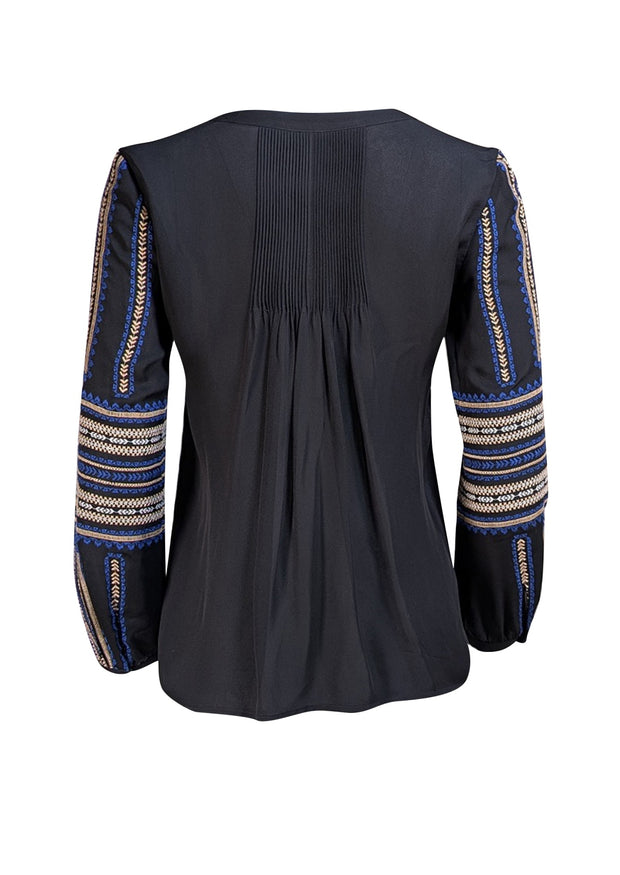 Veronica Beard - Black Plisse Blouse w/ Embroidered Sleeves Sz 0
