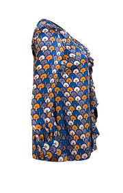 Tory Burch - Blue, Grey, & Mustard Print Ruffle Front Blouse Sz 2 - Current Boutique