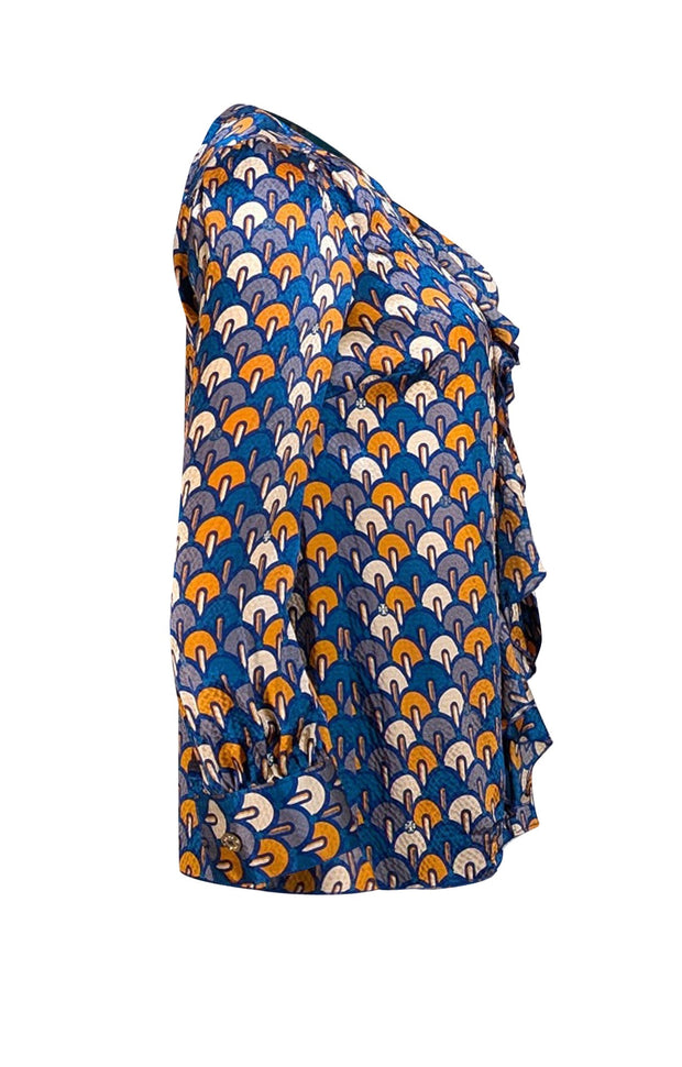 Tory Burch - Blue, Grey, & Mustard Print Ruffle Front Blouse Sz 2 - Current Boutique