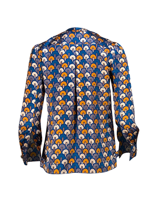 Tory Burch - Blue, Grey, & Mustard Print Ruffle Front Blouse Sz 2 - Current Boutique