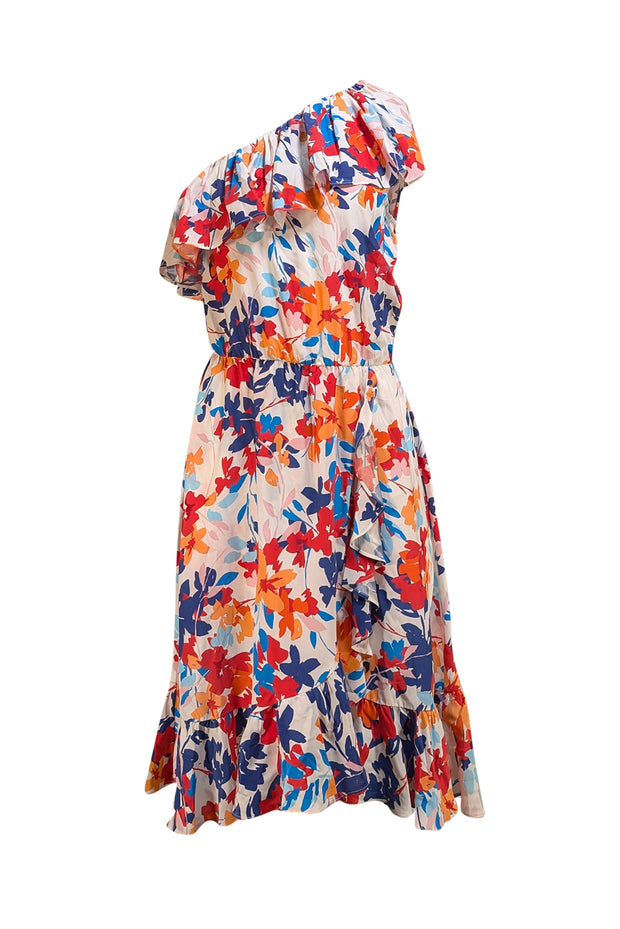 Parker - White, Red, Orange, & Blue Floral One Shoulder Dress Sz S - Current Boutique