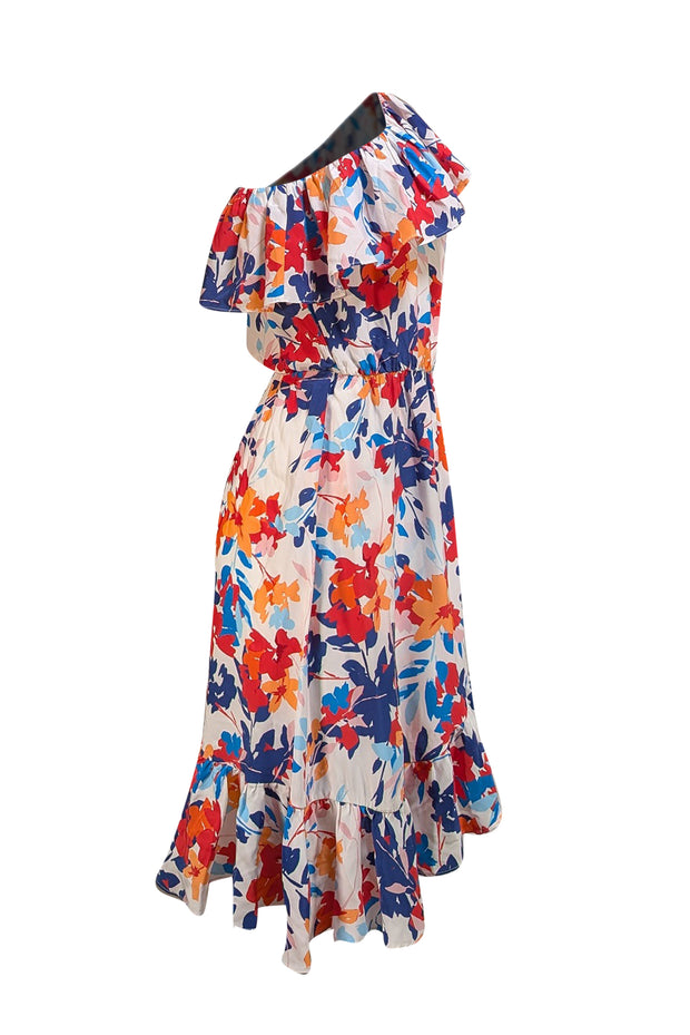 Parker - White, Red, Orange, & Blue Floral One Shoulder Dress Sz S - Current Boutique