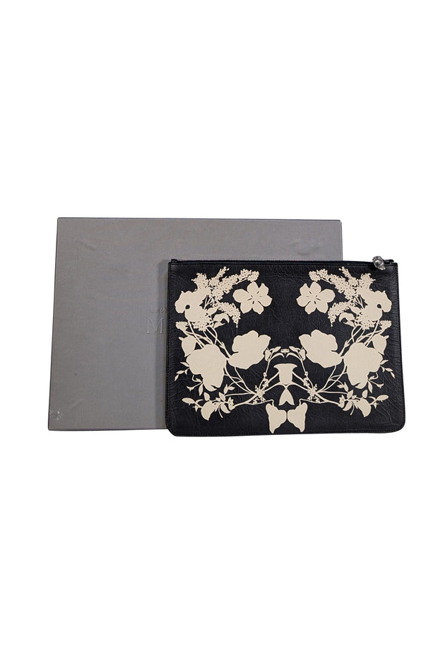 Alexander McQueen - Black & Cream Floral Print Leather Clutch - Current Boutique