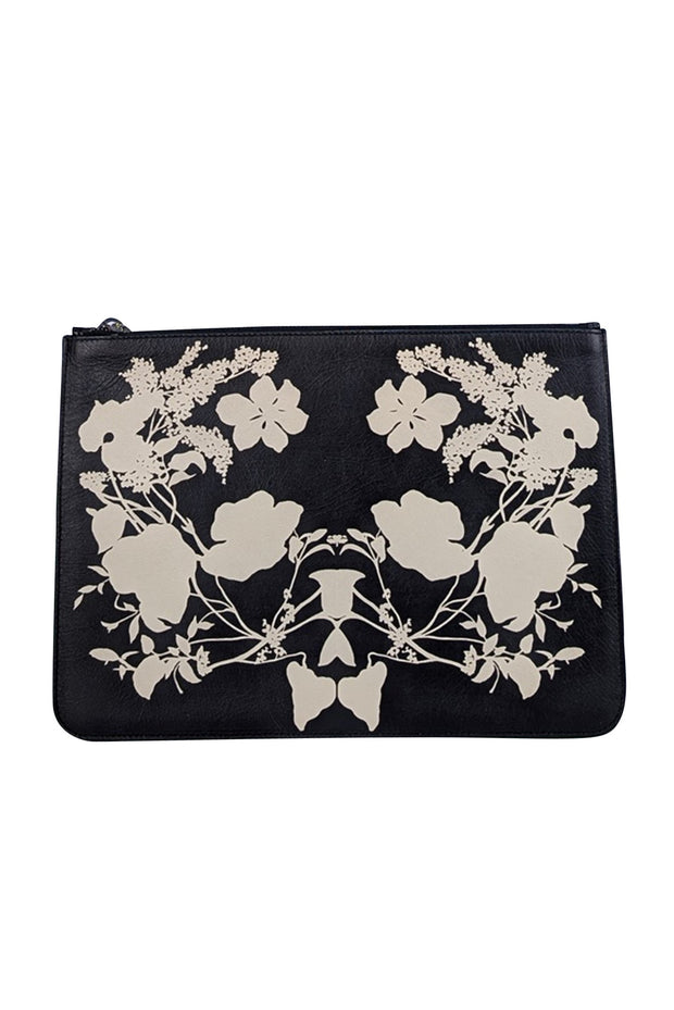 Alexander McQueen - Black & Cream Floral Print Leather Clutch - Current Boutique