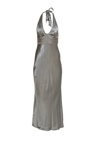 Shona Joy - Grey Satin Halter Neck Tie Formal Dress Sz 4 - Current Boutique