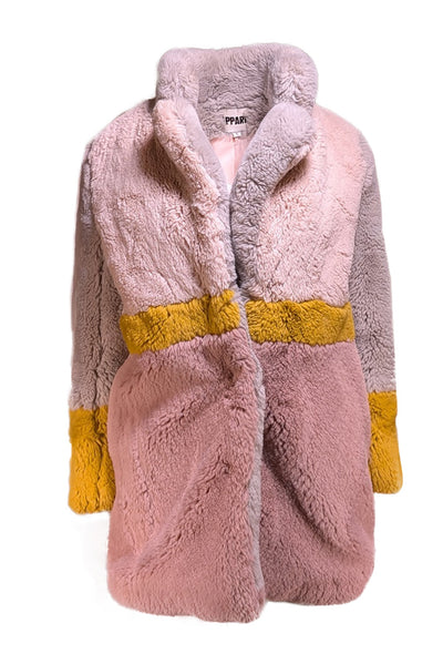 Apparis - Pink, Yellow, & Grey Color Blocked Faux Fur Coat Sz S - Current Boutique