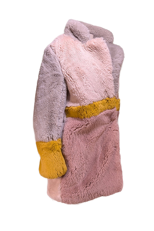Apparis - Pink, Yellow, & Grey Color Blocked Faux Fur Coat Sz S - Current Boutique