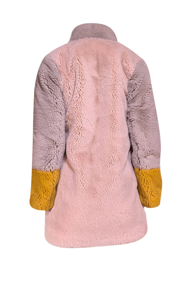 Apparis - Pink, Yellow, & Grey Color Blocked Faux Fur Coat Sz S - Current Boutique