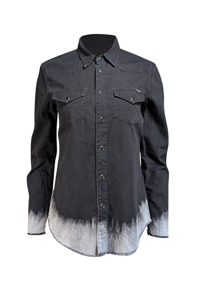 MOTHER - Black Denim Button Up Shirt w/ Acid Washed Raw Hem Sz M - Current Boutique