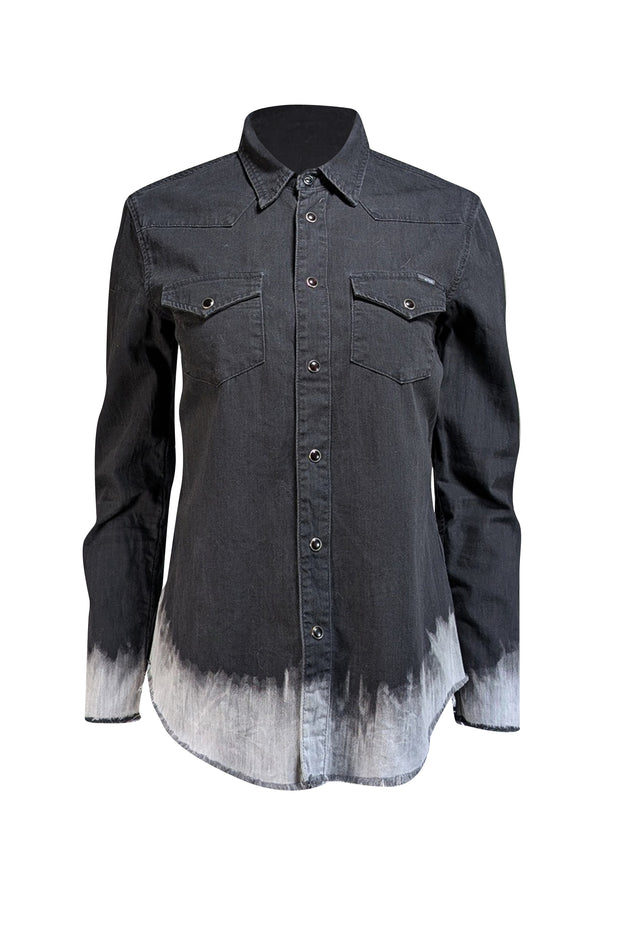 MOTHER - Black Denim Button Up Shirt w/ Acid Washed Raw Hem Sz M - Current Boutique