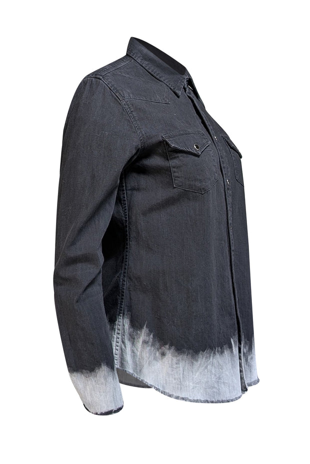MOTHER - Black Denim Button Up Shirt w/ Acid Washed Raw Hem Sz M - Current Boutique