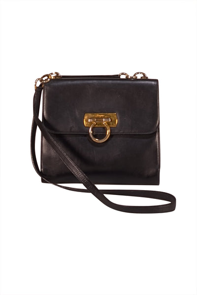 Ferragamo - Black Leather Front Flap Crossbody Bag