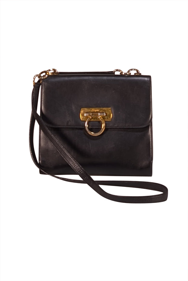 Ferragamo - Black Leather Front Flap Crossbody Bag
