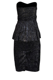 Badgley Mischka - Black Metallic Print Velvet Strapless Dress Sz 2 - Current Boutique