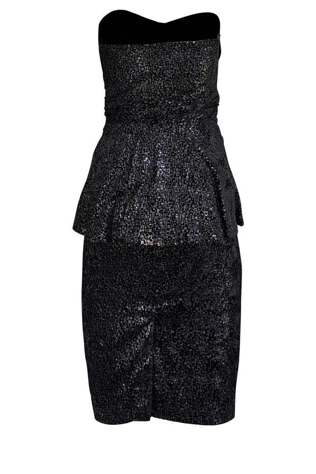 Badgley Mischka - Black Metallic Print Velvet Strapless Dress Sz 2 - Current Boutique