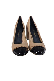 Ferragamo - Beige Leather w/ Black Patent Toe & Chain Trim Basic Pumps Sz 11 - Current Boutique