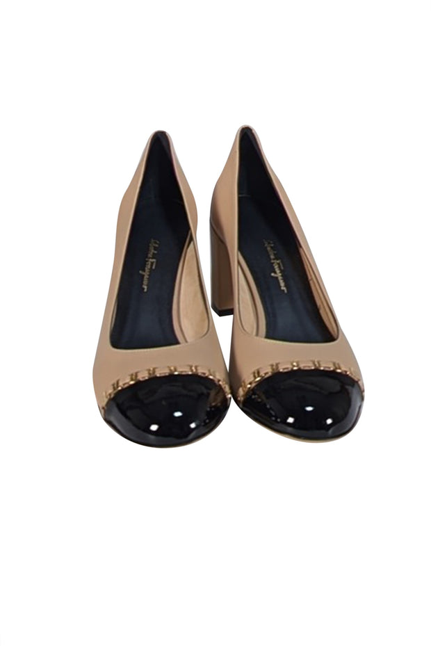 Ferragamo - Beige Leather w/ Black Patent Toe & Chain Trim Basic Pumps Sz 11 - Current Boutique