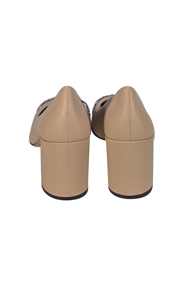 Ferragamo - Beige Leather w/ Black Patent Toe & Chain Trim Basic Pumps Sz 11 - Current Boutique