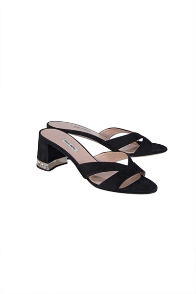 Miu Miu - Black Suede Jewel Trim Mule Heels Sz 11 - Current Boutique