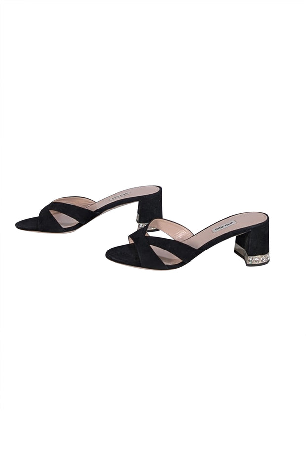 Miu Miu - Black Suede Jewel Trim Mule Heels Sz 11 - Current Boutique