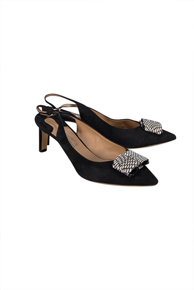 Ferragamo - Black Suede Pointed Bow Toe Strappy Pumps Sz 10.5 - Current Boutique