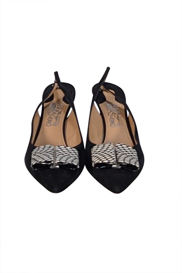 Ferragamo - Black Suede Pointed Bow Toe Strappy Pumps Sz 10.5 - Current Boutique