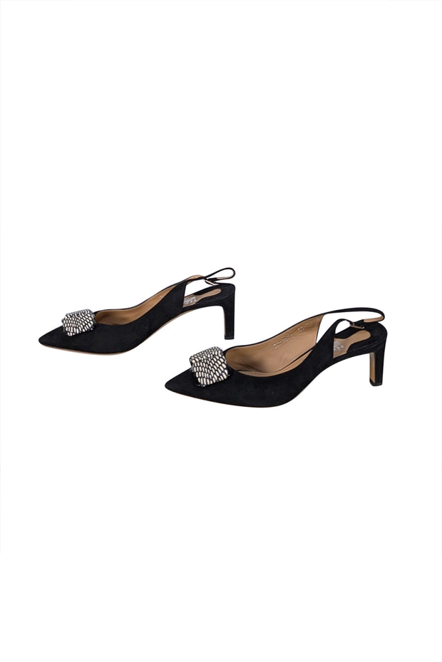 Ferragamo - Black Suede Pointed Bow Toe Strappy Pumps Sz 10.5 - Current Boutique