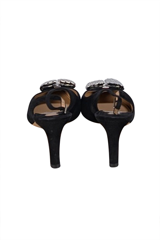 Ferragamo - Black Suede Pointed Bow Toe Strappy Pumps Sz 10.5 - Current Boutique