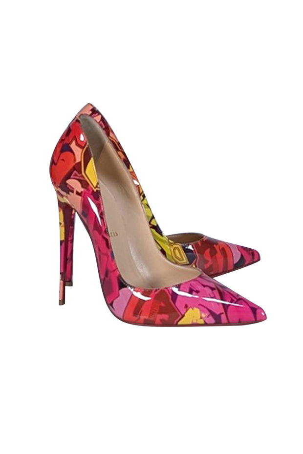 Christian Louboutin - Pink & Multi Color Pigalle Follies Graffiti Patent Leather Pumps Sz 9