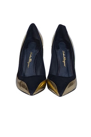 Ferragamo - Metallic Gold & Black Pointed Tow Pumps Sz 7.5