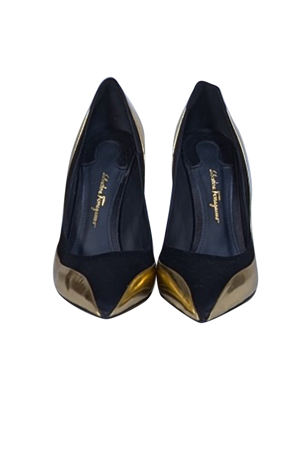 Ferragamo - Metallic Gold & Black Pointed Tow Pumps Sz 7.5