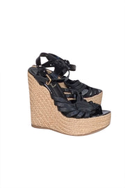 Yves Saint Laurent - Black & Beige Espadrille Platform Wedges Sz 7