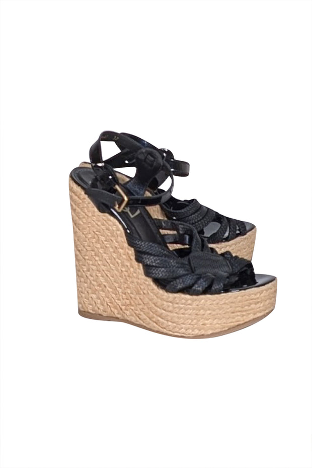 Yves Saint Laurent - Black & Beige Espadrille Platform Wedges Sz 7
