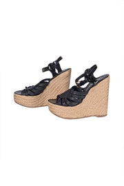 Yves Saint Laurent - Black & Beige Espadrille Platform Wedges Sz 7