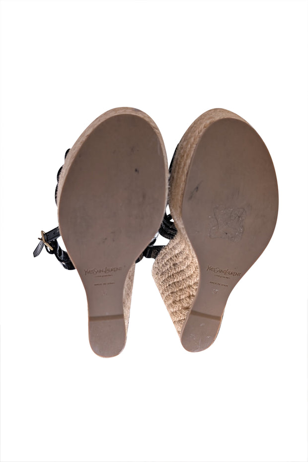 Yves Saint Laurent - Black & Beige Espadrille Platform Wedges Sz 7
