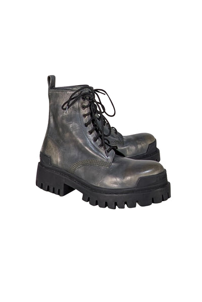 Balenciaga - Grey Distressed Leather Platform Cargo Boots Sz 10