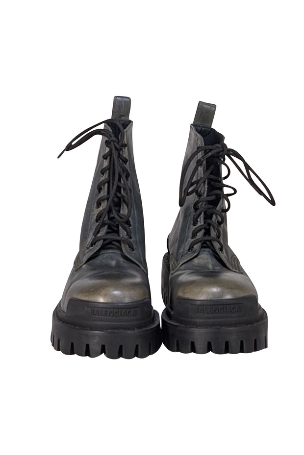Balenciaga - Grey Distressed Leather Platform Cargo Boots Sz 10