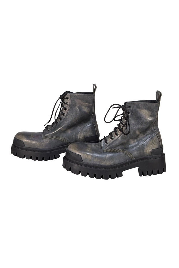 Balenciaga - Grey Distressed Leather Platform Cargo Boots Sz 10