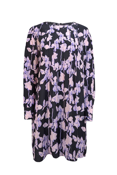 Diane von Furstenberg - Black & Light Purple Floral Print Silk Dress Sz L - Current Boutique