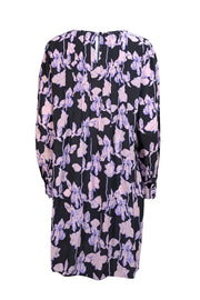 Diane von Furstenberg - Black & Light Purple Floral Print Silk Dress Sz L - Current Boutique