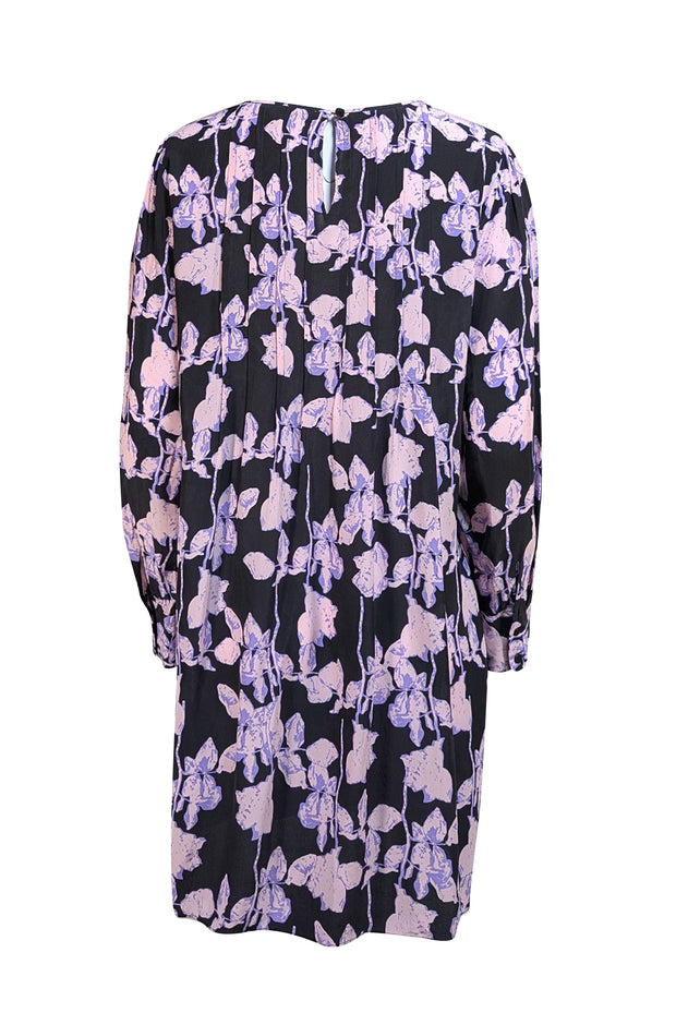 Diane von Furstenberg - Black & Light Purple Floral Print Silk Dress Sz L - Current Boutique